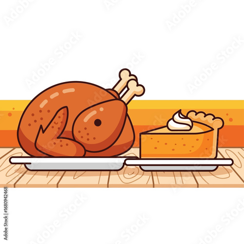 A charming cartoon illustration of a whole roasted turkey and a slice of pumpkin pie on platters, ready for a festive meal.