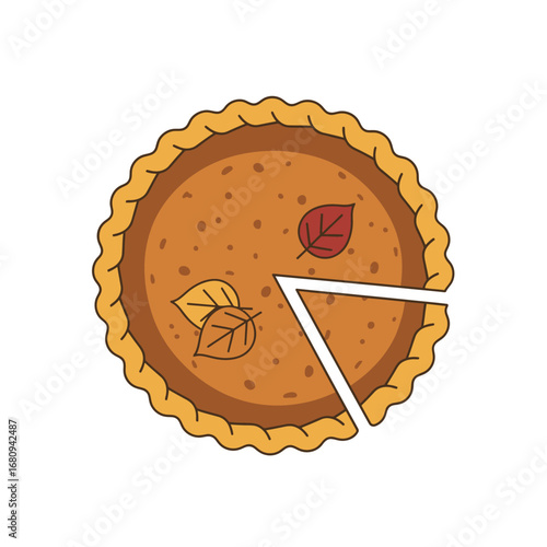 A delicious pumpkin pie with a slice removed, decorated with autumn leaves.
