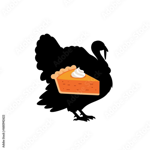 Silhouette of a turkey with a slice of pumpkin pie displayed inside its body, against a white background.