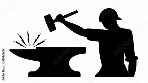 Silhouette of a blacksmith striking metal on an anvil with a hammer creating sparks in a workshop area