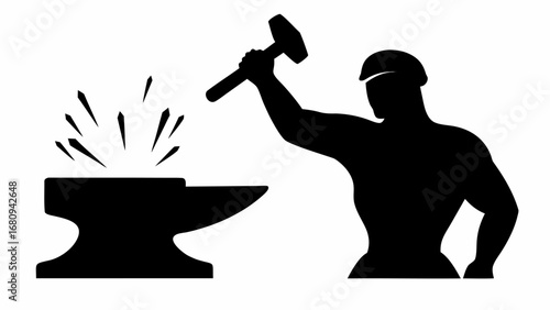 Silhouette of a blacksmith hammering metal on an anvil creating sparks in a black and white image style