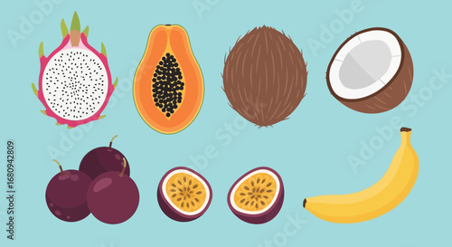 A vibrant illustrated collection of exotic tropical fruits like dragon fruit, papaya, coconut, passion fruit, and banana