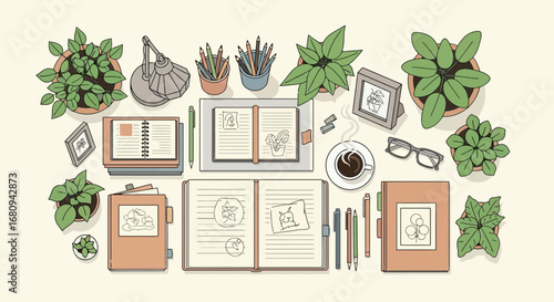 A tranquil flat lay illustration of a writer's desk, showcasing open journals, lush houseplants, and stationery for mindful reflection