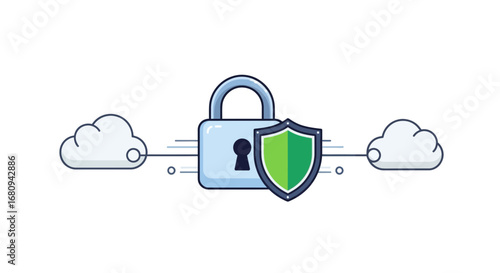 Secure cloud computing concept with a padlock and shield, representing online data protection, privacy, and cybersecurity in a network