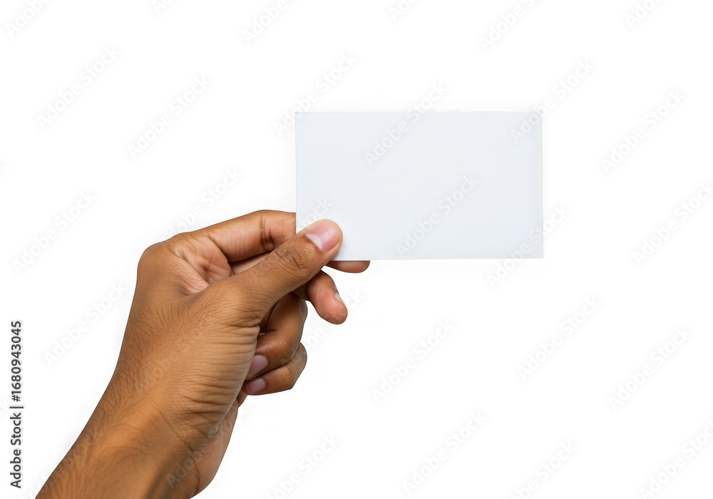 Obraz premium Hand holding blank business card mockup isolated on transparent background