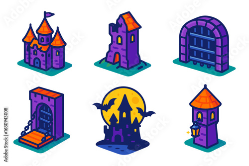 isometric haunted castle buildings icon set – castle, ruined tower, portcullis gate, chained door, spooky keep, watchtower