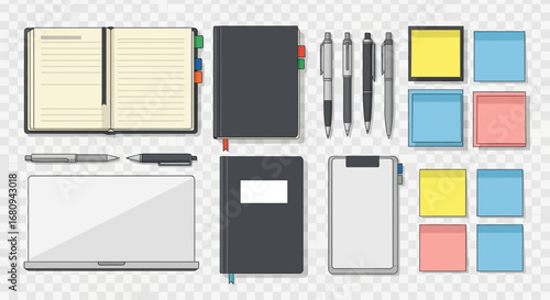 A realistic flat lay illustration of essential office supplies and stationery for business, work, and study, arranged for organization and planning
