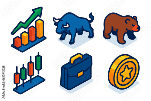 isometric stock market trading icon set – bullish chart, bull, bear, candlesticks, briefcase, coin