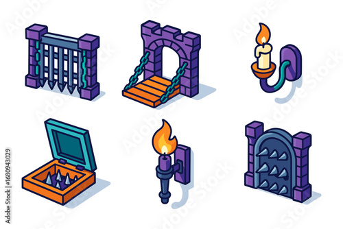 isometric dungeon traps icon set – spiked gate, drawbridge, wall sconce, spike chest, torch, iron door