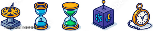 isometric time measuring devices icon set – sundial, hourglass, cube, pocket watch