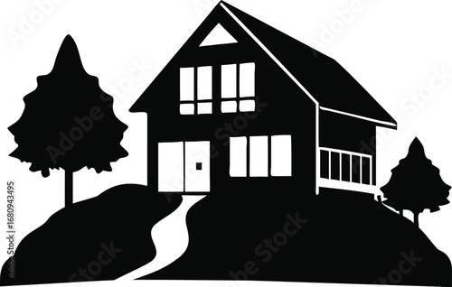 Modern house silhouette with trees and path on hillside for contemporary architectural design concepts silhouette