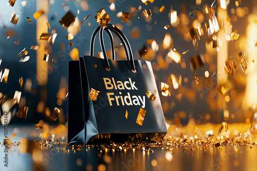 A black bag with gold trim is falling from the sky. The bag is labeled Black Friday. The image is a creative and festive way to advertise the holiday shopping season