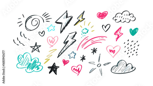 Doodle icons hearts stars lightning clouds vector