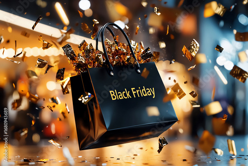 A black bag with gold trim is falling from the sky. The bag is labeled Black Friday. The image is a creative and festive way to advertise the holiday shopping season