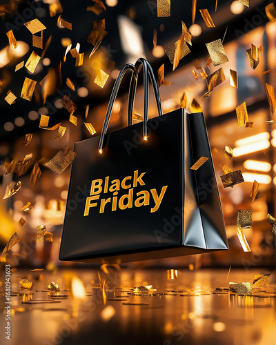 A black bag with gold trim is falling from the sky. The bag is labeled Black Friday. The image is a creative and festive way to advertise the holiday shopping season