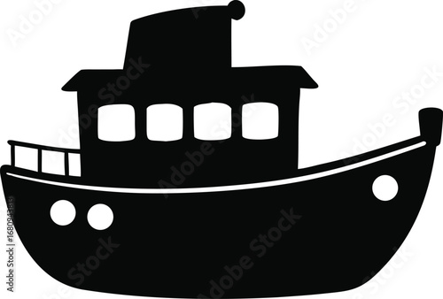 Stylized silhouette of a charming tugboat with cabin windows and funnel representing maritime transport and nautical themes silhouette