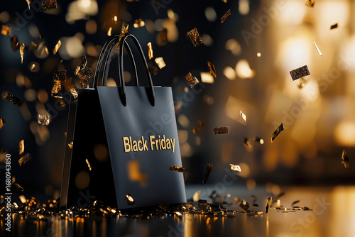 A black bag with gold trim is falling from the sky