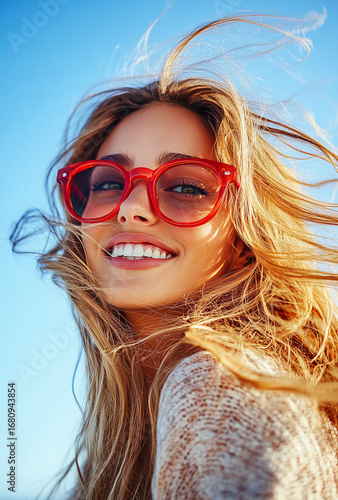 A woman with blonde hair and red sunglasses is smiling. She is wearing a red shirt and is standing in the sun