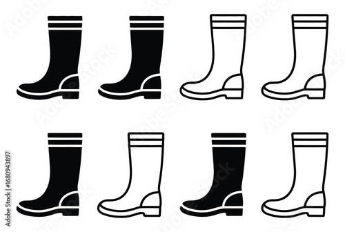 Wellies silhouette. This image shows black silhouette of wellies, also referred to as rubber boots or rain boots, symbolizing waterproof footwear. Vector clipart illustration design.
