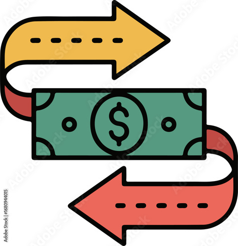Flat design icon symbolizing cash flow between two arrows representing transaction or exchange vector