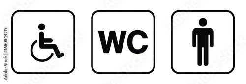 Accessible restroom signage for public facilities, WC symbol, and men's room indicator, simple and clear design