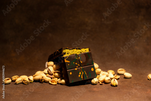 Photography Dubai chocolate  and pistachio on  brown and golden chocolate backdrop