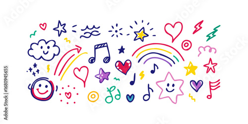 Hand drawn doodles with happy faces and music notes