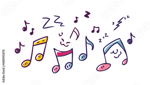 Hand Drawn Musical Notes With Faces doodle illustration