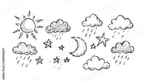 Hand drawn sun moon clouds and stars weather
