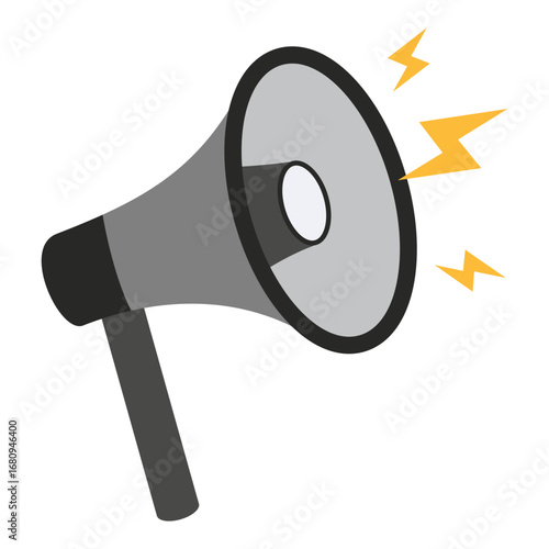 Megaphone with lightning flashes. Symbol of loud voice, promotion and announcement concept. Modern vector illustration isolated on white background, hand drawn, flat design