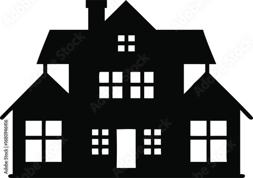 Classic two story house silhouette with chimney roof windows and a front door evoking traditional architecture silhouette