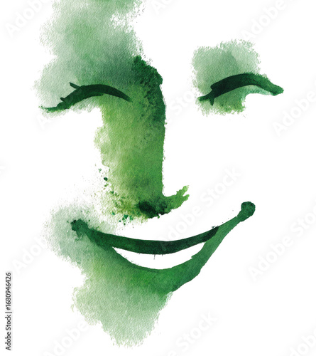 Abstract watercolor portrait of a smiling face.  Green tones