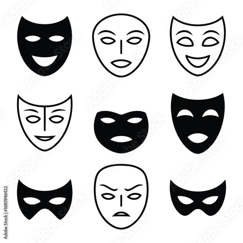 Theatre mask vector icon set. Masquerade vector icons. Comic and tragic mask icons. Theatrical masks. Comic and tragic mask set. Vector