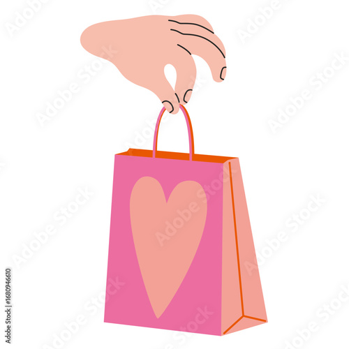 Hand holding shopping bag with heart. Gift, shopping and present concept. Trendy modern vector illustration isolated on white background, hand drawn, flat design