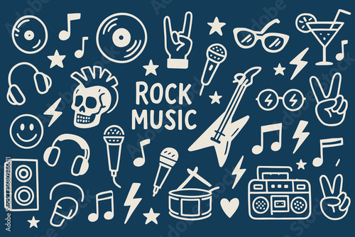 Doodle rock music elements collection with guitars microphones drums skull speakers and headphones hand drawn sketches illustrating musical vibes for music designs party posters