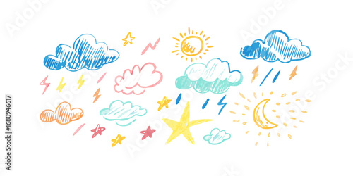 Hand drawn weather elements clouds moon