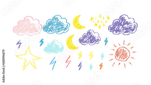 Hand drawn weather elements crayon style clouds moon