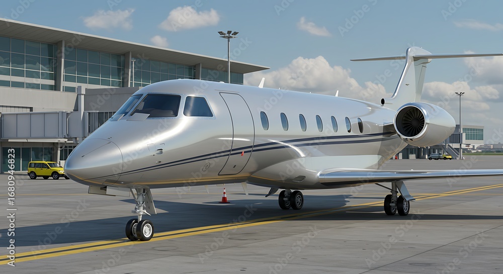 Sleek Silver Executive Jet Gleaming on the Tarmac at a Modern Airport Sleek Silver Executive Jet Gleaming on the Tarmac at a Modern Airport