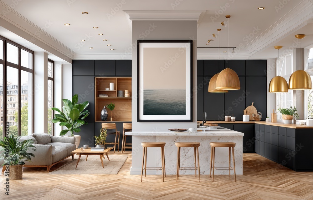 Fototapeta premium Modern open kitchen and living room with stylish decor elements and large window views