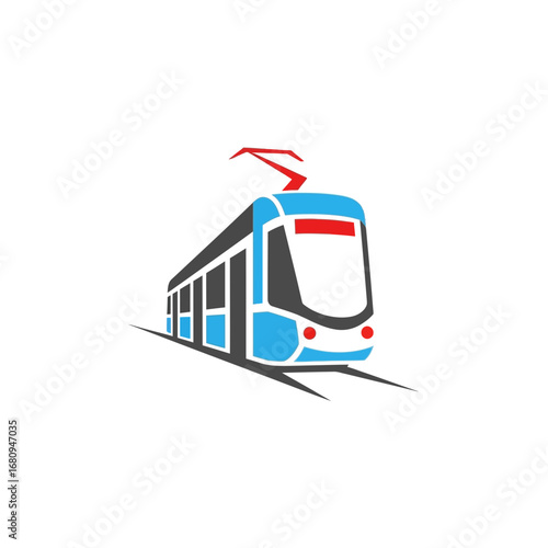 Modern electric tram public transport vehicle, illustration of a blue and grey tram with a red front light on a white background, symbolizing urban travel and transit