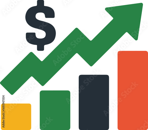 Flat design icon shows financial growth and savings increase with upward trend arrow and dollar symbol vector