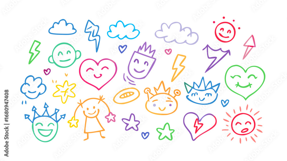 Fototapeta premium Happy faces clouds lightning bolts stars hearts vector