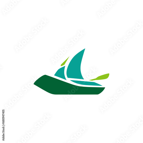 Abstract green and blue stylized sailboat logo on a white background representing freedom, adventure, and the open sea