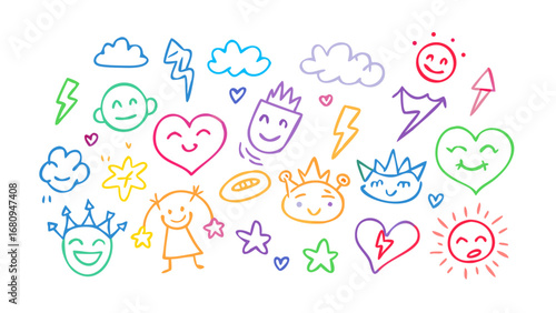Happy faces clouds lightning bolts stars hearts vector