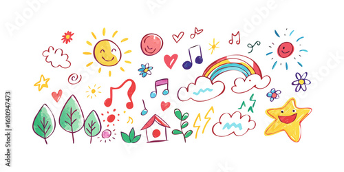 Happy suns rainbow clouds music notes stars and trees