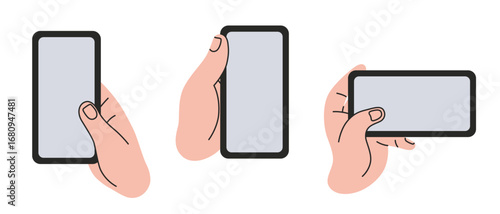 One hand holding smartphone vertically and horizontally. Communication, technology and mobile concept set. Trendy modern vector illustration isolated on white background, hand drawn, flat design