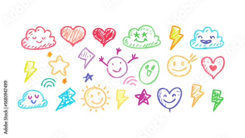 Happy weather and symbols happy clouds smiling sun