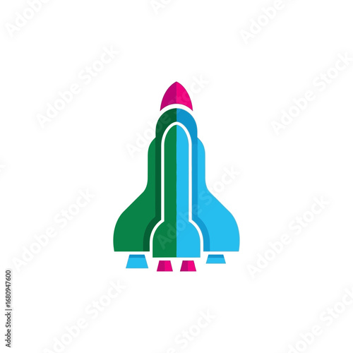 Illustration of a stylized rocket ship in green and blue colors against a white background, symbolizing space exploration and futuristic travel