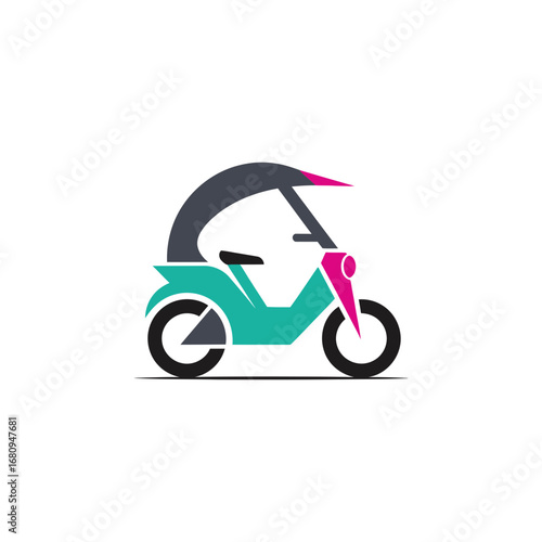 Creative logo design of a modern auto rickshaw for a transport or delivery business. Stylized tuk-tuk icon representing urban mobility and travel services