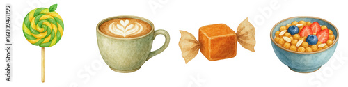 Green lollipop leaf vegan day world sweet caramel candy cup coffee latte bowl cereal fruit berry watercolor